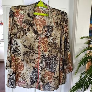 Cato Women's Blouse Brown Orange Paisley 3/4 Sleeve Button Front Top 22/24 W